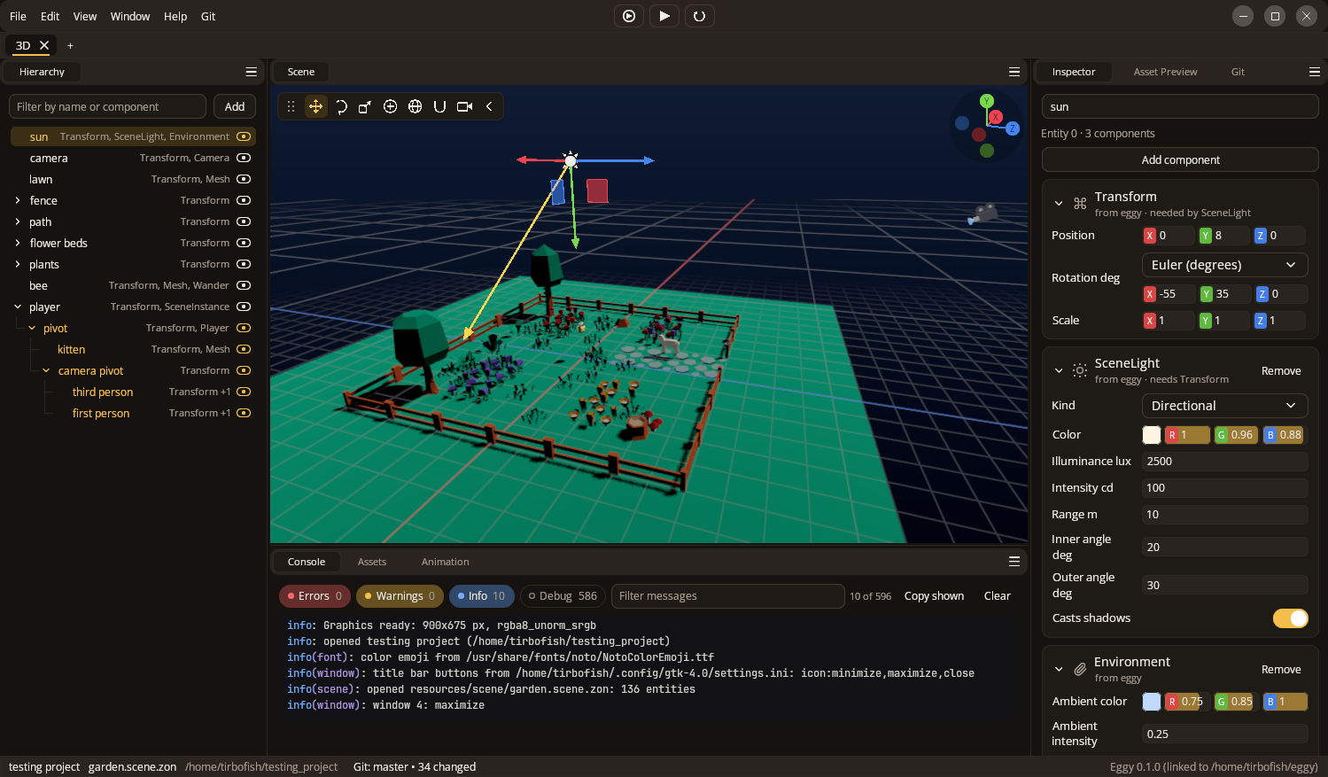 The eggy editor: a Hierarchy panel listing a Player entity, a Scene panel showing an orange cube on a grid with a move gizmo, and an Inspector panel editing the Player's Transform and Mesh components.