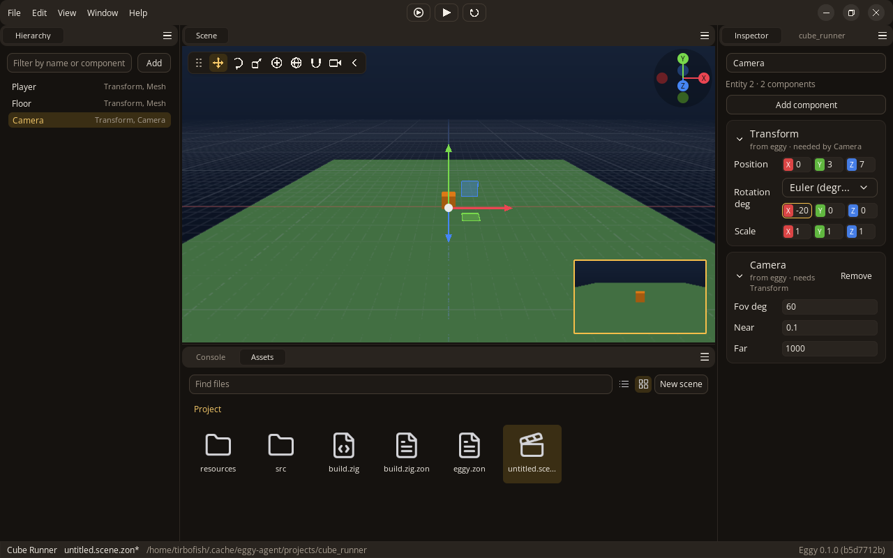 The Camera entity, with its view in the corner of the Scene