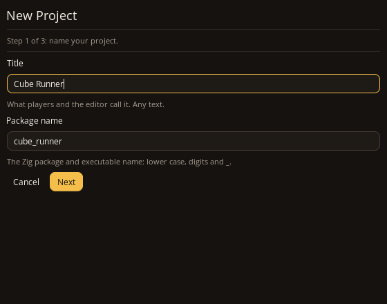 The New Project window, titled Cube Runner