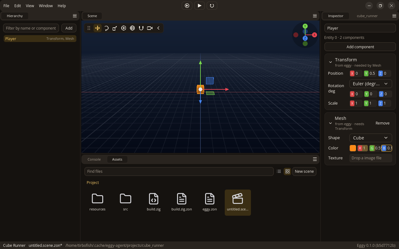 The Player entity: an orange cube with a Transform and a Mesh